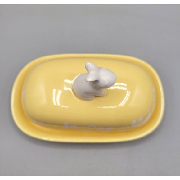 Rare Rae Dunn Magenta Exclusive Yellow Ceramic Butter Dish Bunny Knob Floral - Picture 5 of 10